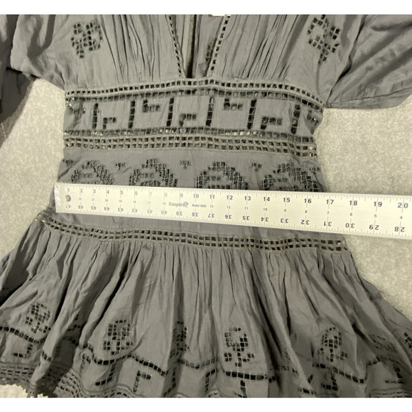 Free People Dress Womens Medium Grey Mini Deep V Neck Eyelet Cottagecore - Picture 3 of 15